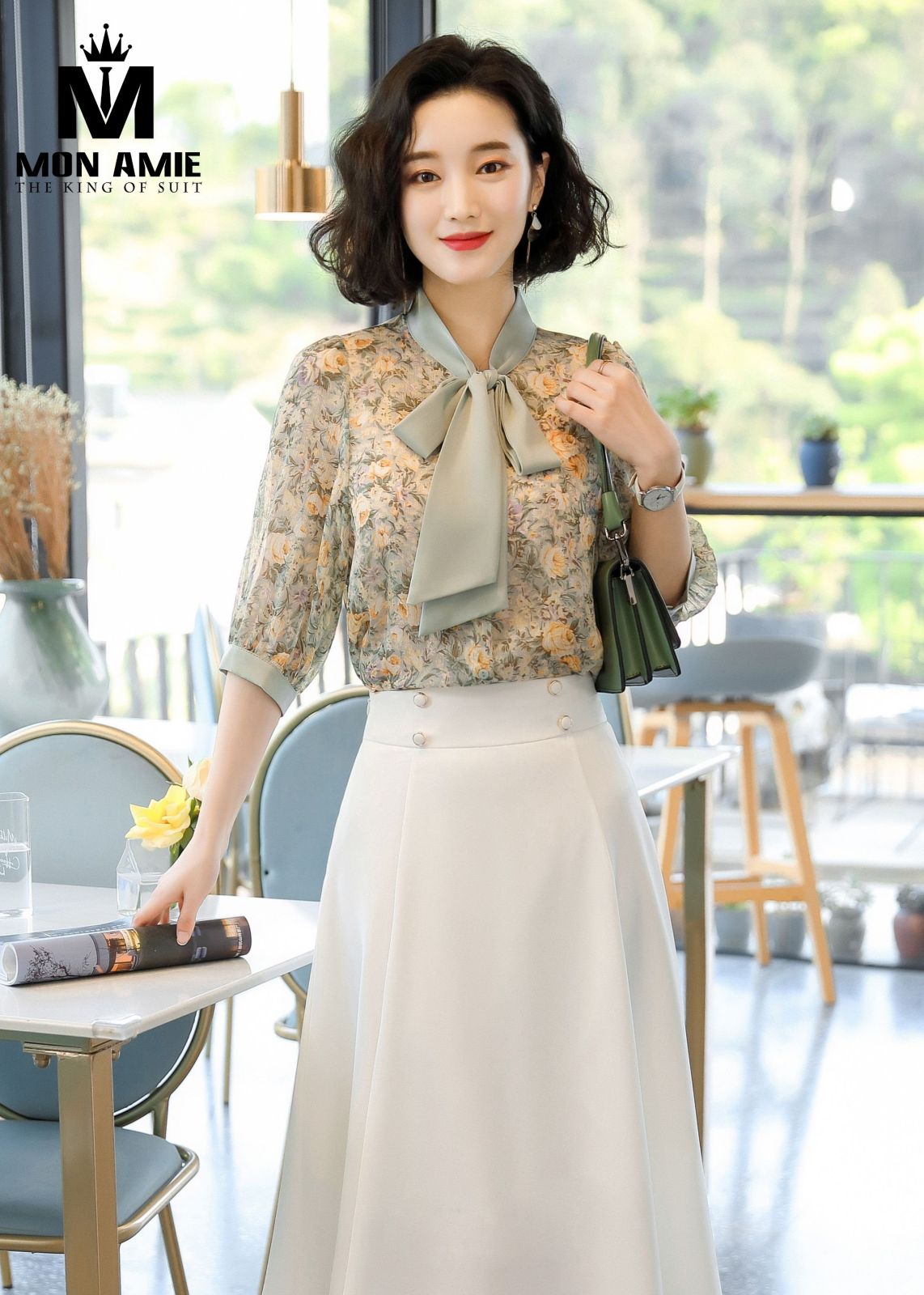 Flower Green Chiffon Bowtie Shirt 